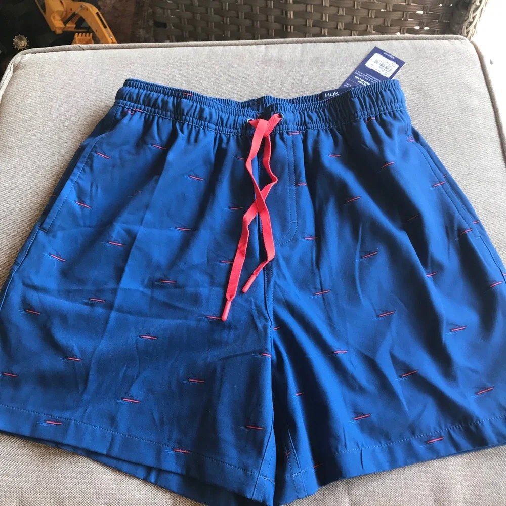 Huk Mens Charter‎ Volley Shorts Blue Boat Print Fishing Swim Trunks Small